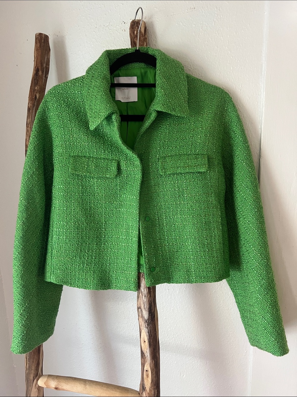 MNG Mango Grass Kelly Green Woven Tweed Boxy Cropped Blazer Jacket Medium